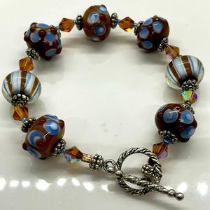Art Glass Bead Bracelet Brown Blue White with Silver Clasp (8 inches)